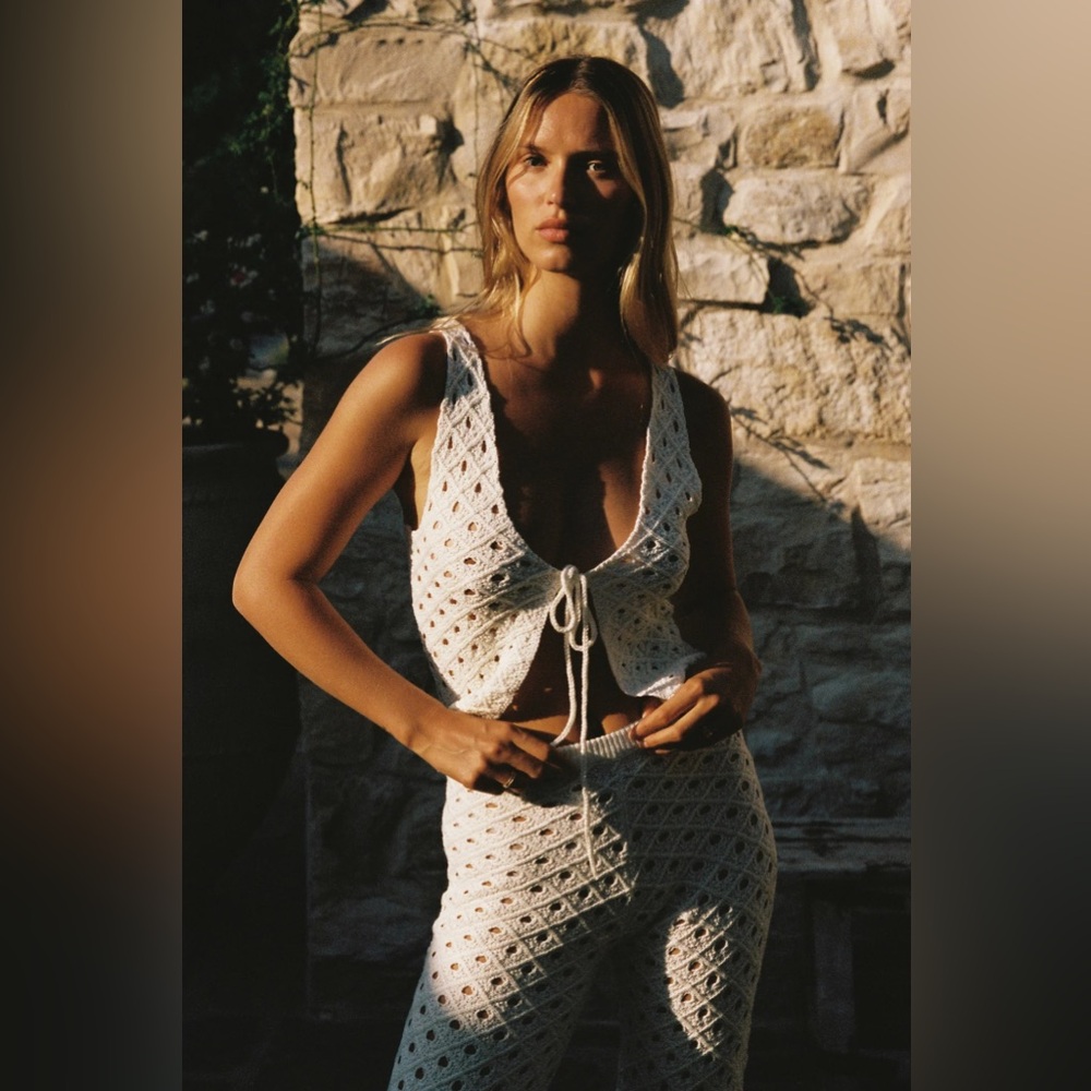 Meshki Cream Crochet Tie-Front Top & Pants Set